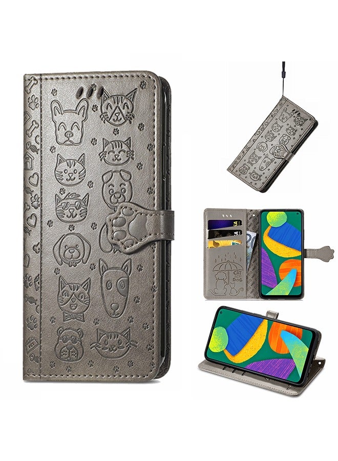 Samsung Galaxy A12 Cartoon Girl Wallet Case,CCSmall Cat Flip Phone Cover with Card Holder Wrist Strap & Screen Protector Kickstand PU Leather Cases for Samsung Galaxy A12 MG (Grey) - Image 1